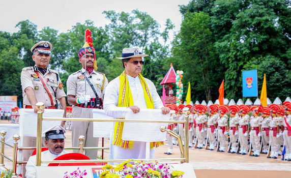 Tripura CM Dr. Manik Saha attends police passing out parade at R.K. Nagar training camp.